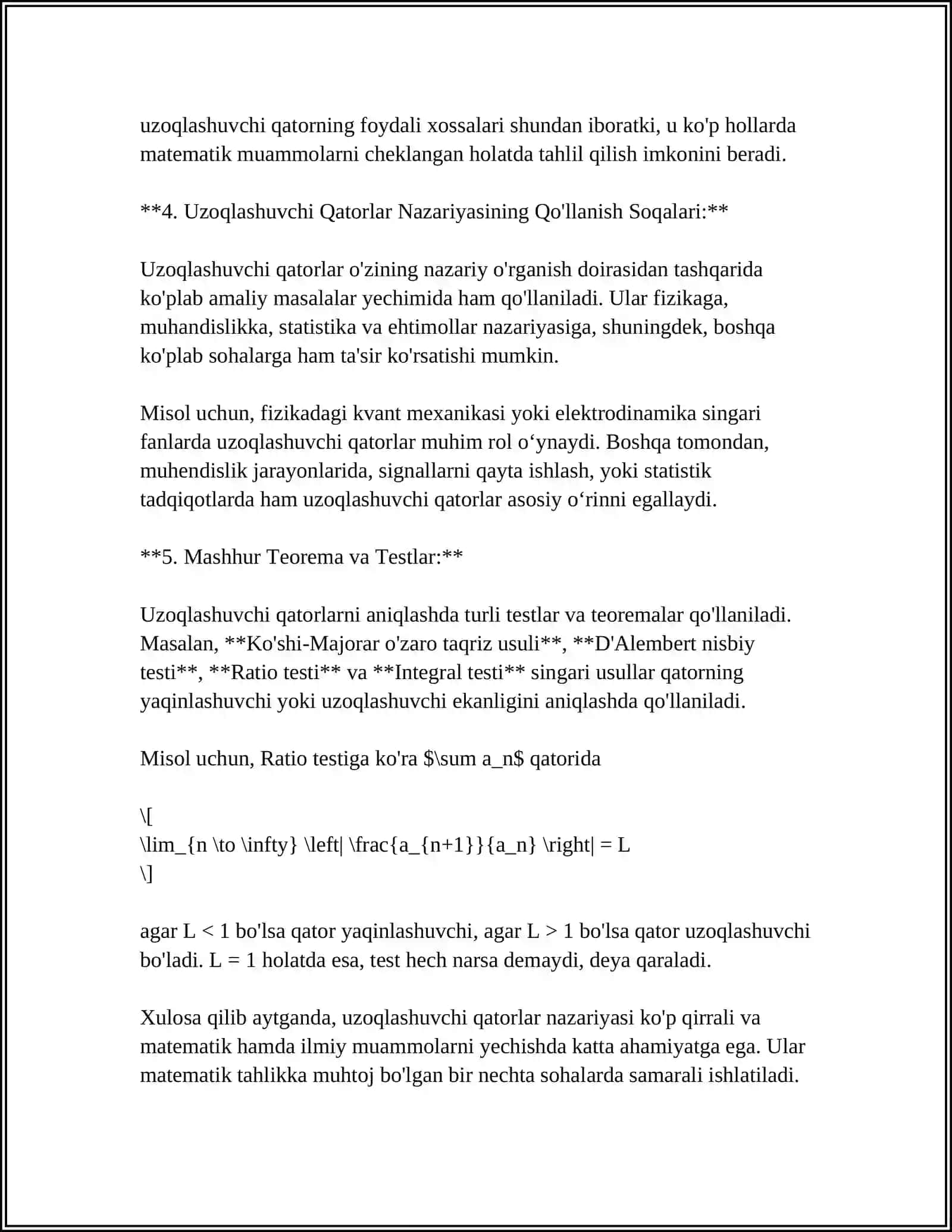 "UZOQLASHUVCHI QATORLARNI JAMLASH(E.CHEZARO.N.ABEL USULI)" "CHEKSIZ KOʻPAYTMALAR" 4