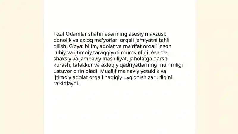 Fozil Odamlar shahri asaridan ona tili da slayd Oʻzbekcha tarjimasida 4