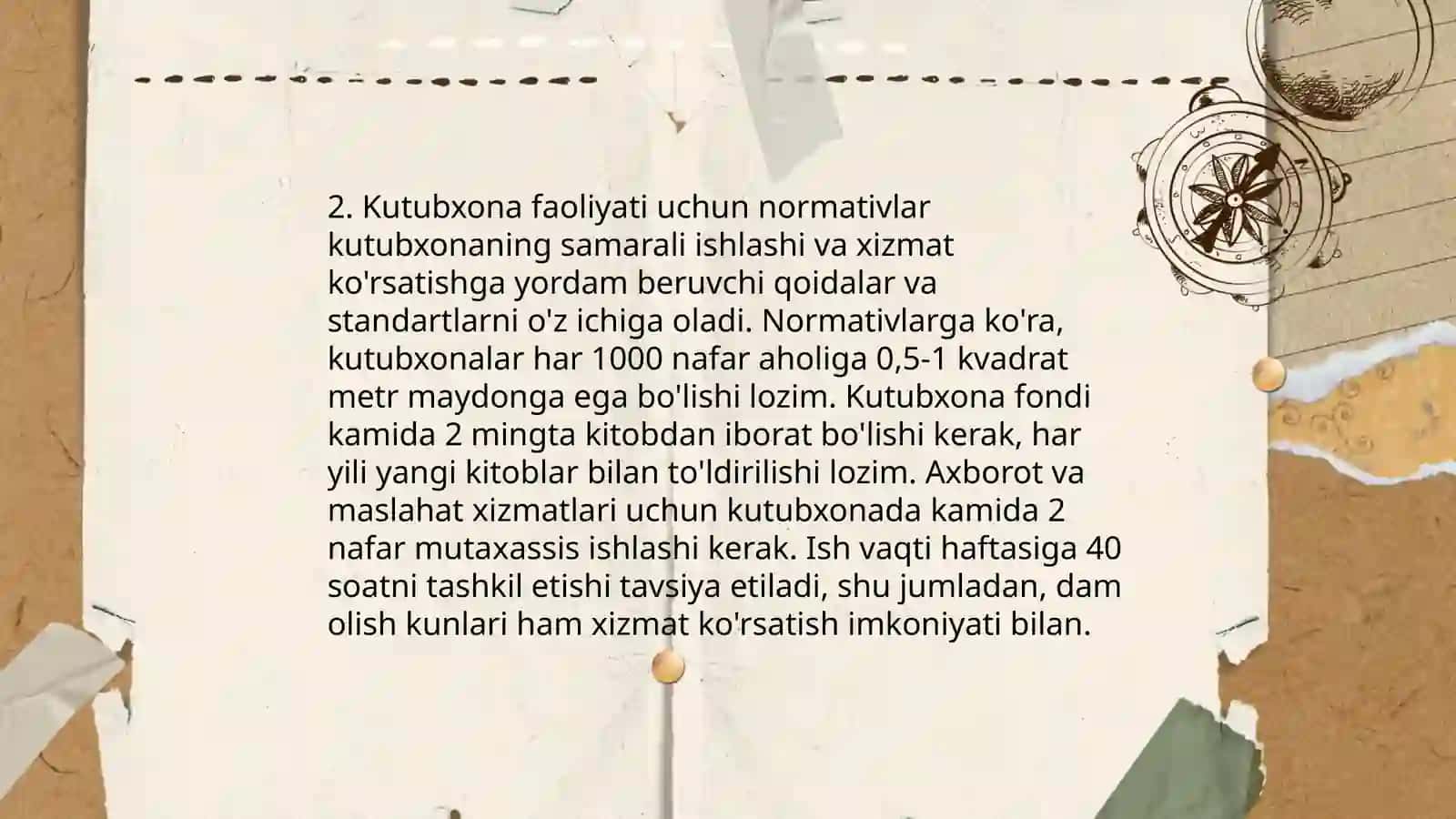 Kutubxona ishini tashkil etish. Ish vaqti va me'yorlari 4