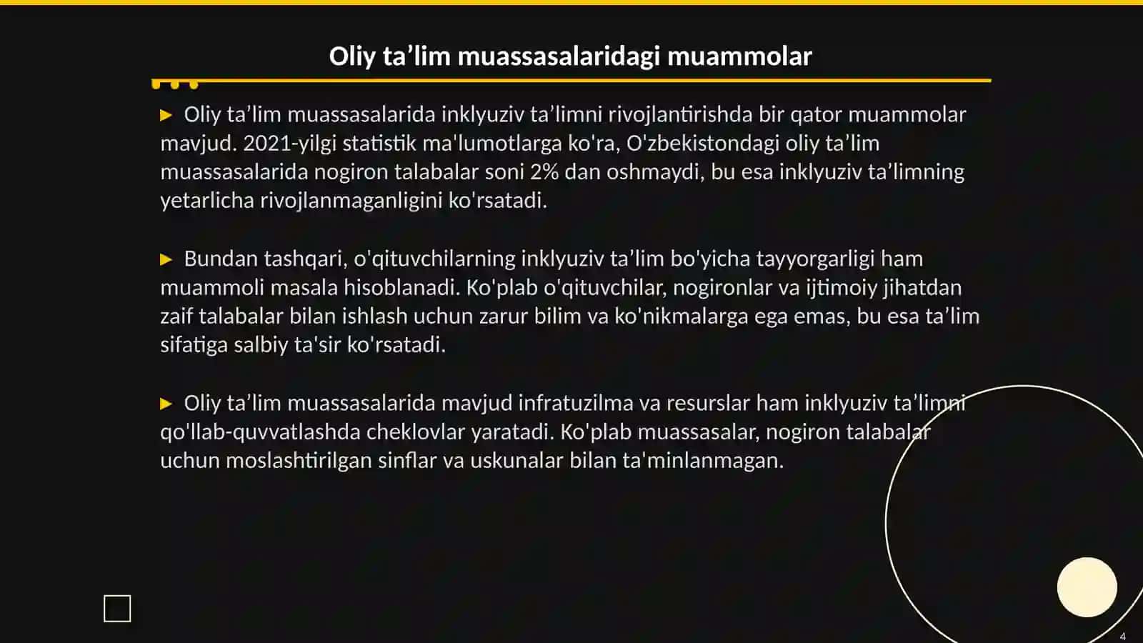 Oliy taʼlim muassasalarida inklyuziv taʼlimni rivojlantirish.muammo va yechimlari 4