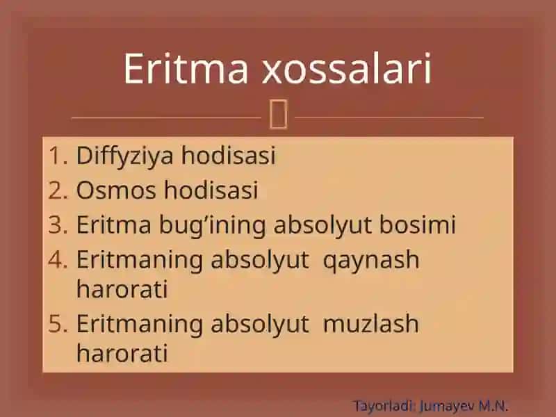 ERITMALARNI XOSSALLARI. KISLOTA - ASOS VA TUZLARNING DISSOSIYALANISH NAZARIYALARI. 4