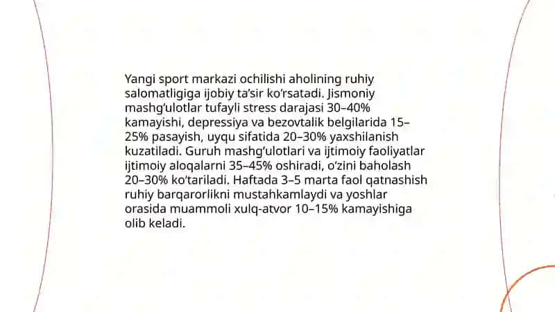 Yangi sport markazi ochilishining shahar aholisi sog‘lig‘i va mahalliy iqtisodiyotga ta’siri 4