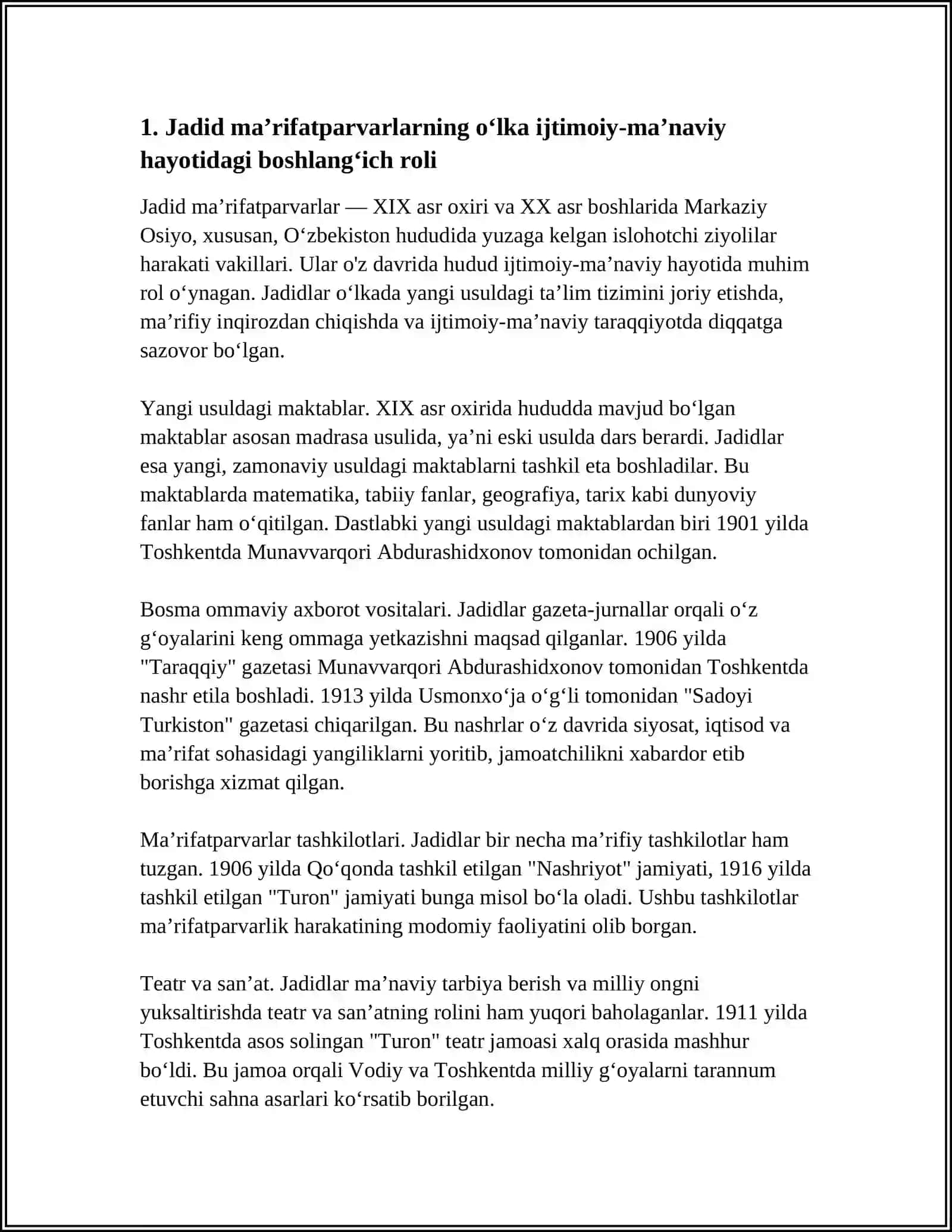 JADID MA’RIFATPARVARLARNING O’LKA IJTIMOIY-MA’NAVIY HAYOTIDA TUTGAN O’RNI(MUNAVVAR QORI,FITRAT,BEHBUDIY,AVLONIY VA BOSHQALAR) 4