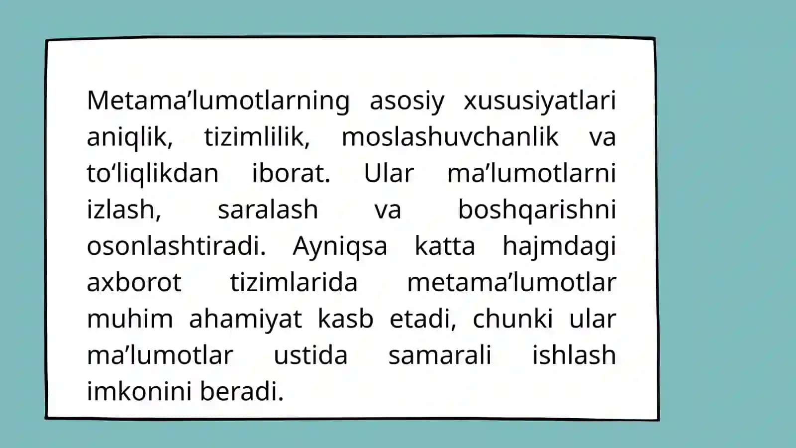 Metama’lumotlar, ularning xususiyatlari, tasniflanishi va ifodalash vositalari 4