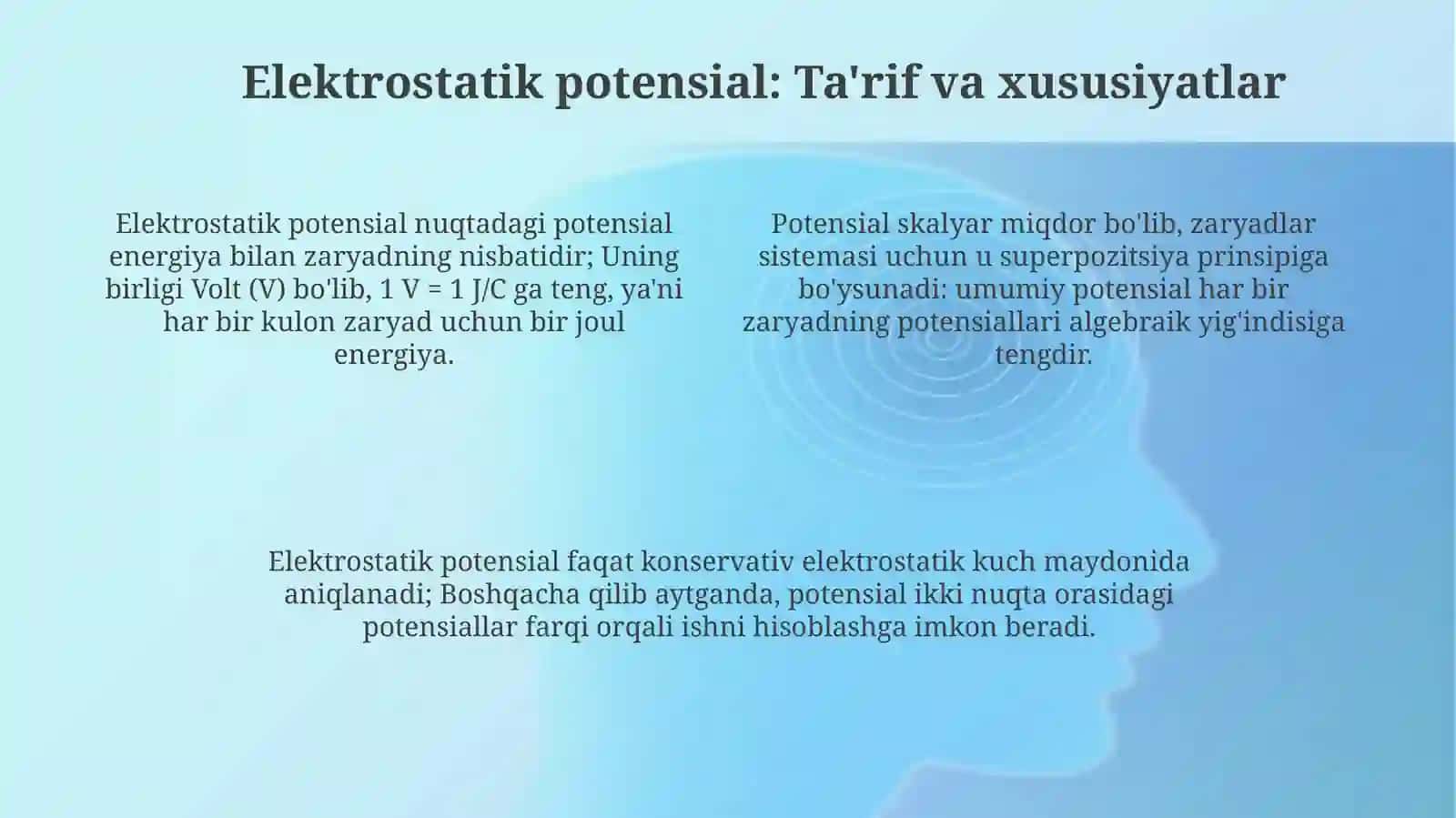 Elektr maydon kuchlanganligi potensiali bajargan ishi 4