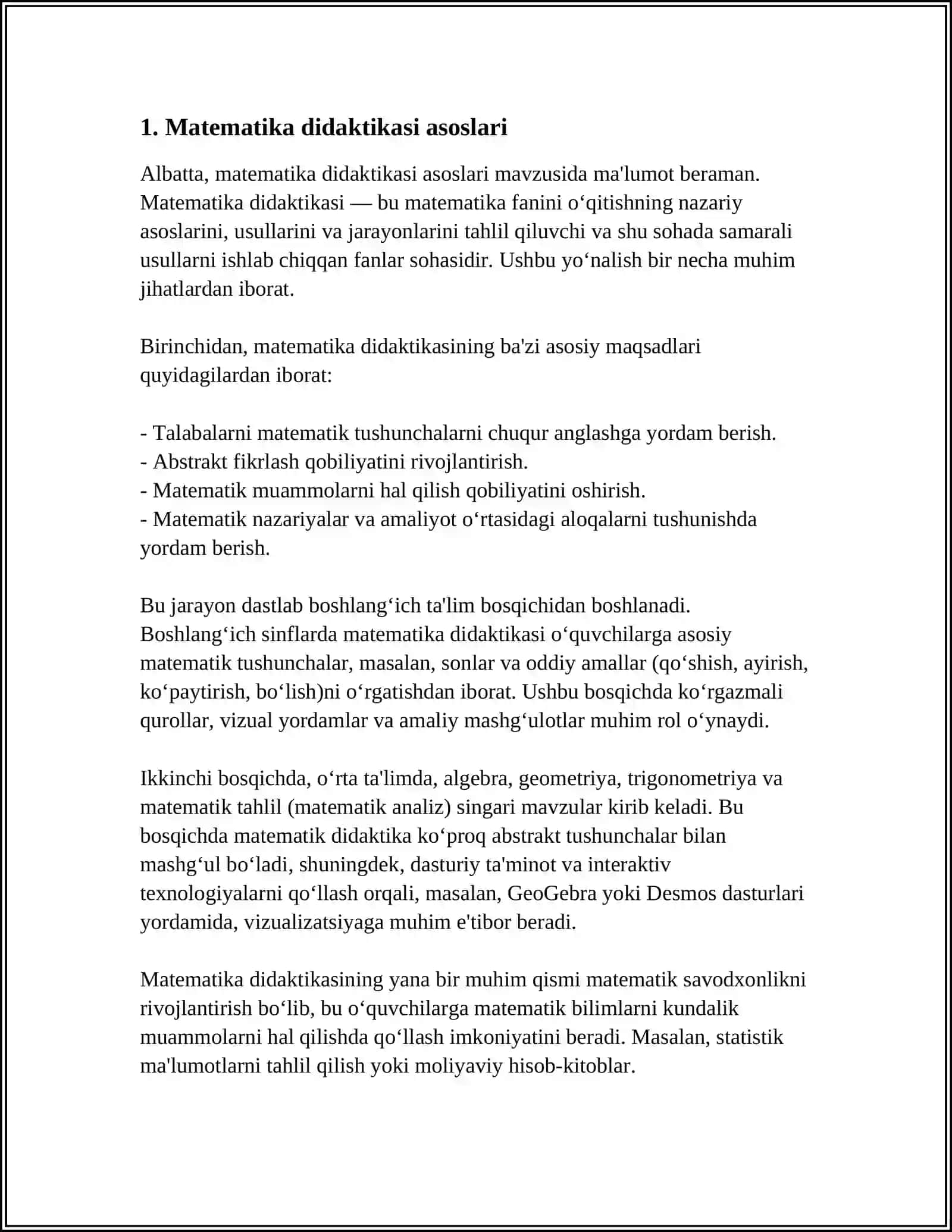 O'QUVCHILARNING MATEMATIK SAVODXONLIK DOIRASIDA AMALIY KO'NIKMALARNI KREATIVLIKNI BAHOLASH VA RIVOJLANTIRISH 4
