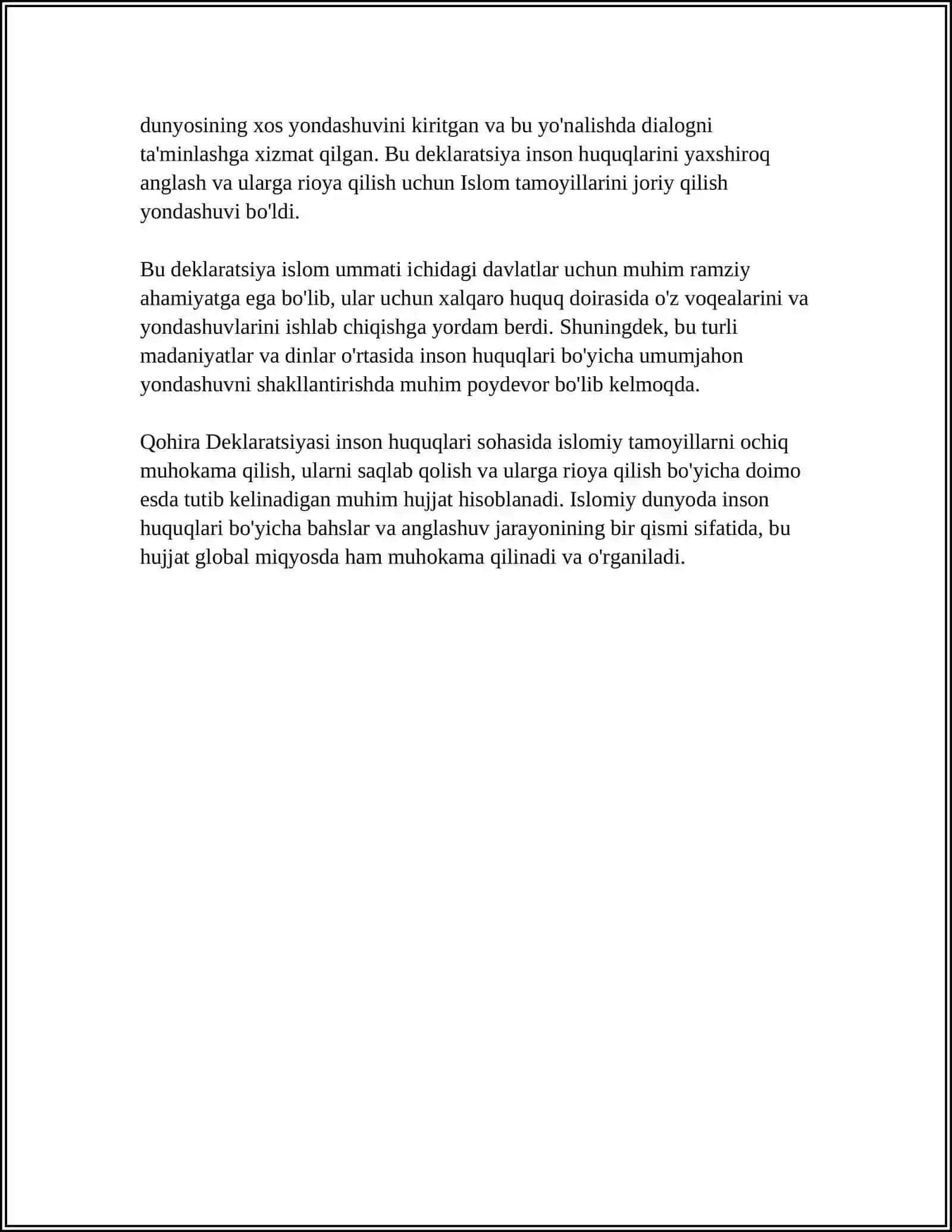 QOHIRA DEKLARATSIYASI TARIXI VA MAZMUNI BORASIDA TAHLILIY MAQOLA TAYYORLASH 4