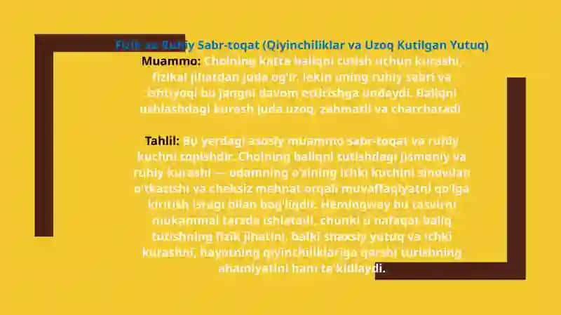 ERNEST HEMINGUEY “CHOL VA DENGIZ” ASARIDAGI MUAMMOLI VAZIYATLARI 4