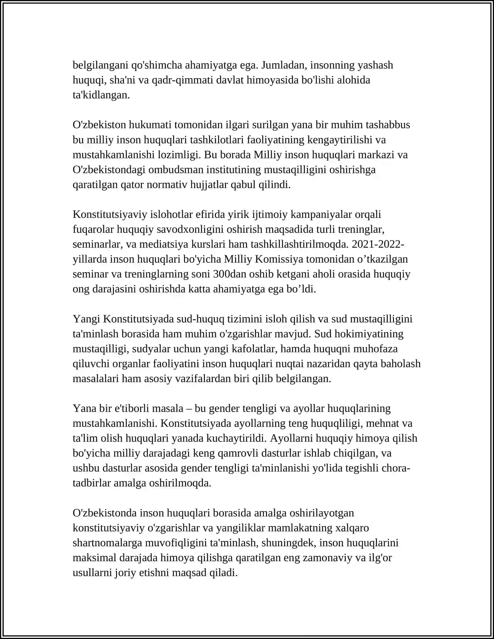YANGI O'ZBEKISTONDA INSON HAQ-HUQUQLARI VA ERKINLIKLARI KAFOLATINING YARATILISHI 4