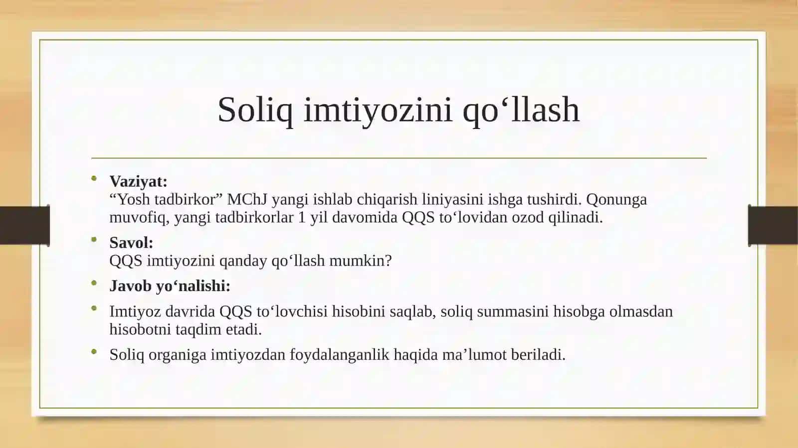 QQS TO’LOVCHILAR, SOLIQ SOLISH OBYEKTLARI, SOLIQ IMTIYOZLARINI QO’LLASH, HISOBOTNI TUZISH VA TAQDIM ETISH 4