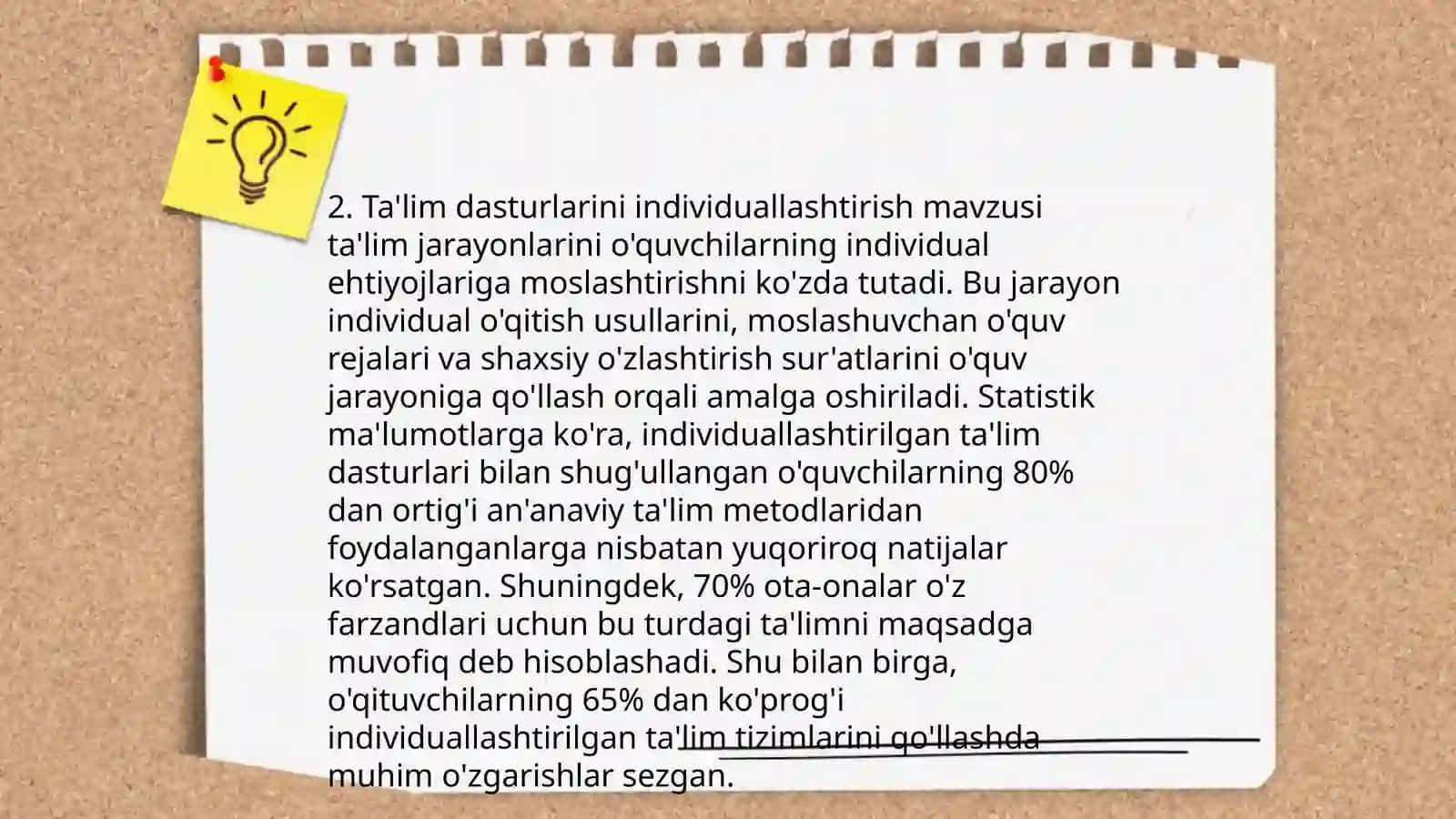 Individual ta'lim yo'nalishi-ta'lim dasturini o'zlashtirishning uslubiy usullaridan biri sifatida qaraladi 4