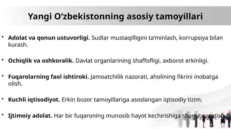 “Yangi O‘zbekiston” tushunchasi, Taraqqiyot strategiyasining mazmuni va O‘zbekiston – xalqchil, ijtimoiy davlat g‘oyasi 4