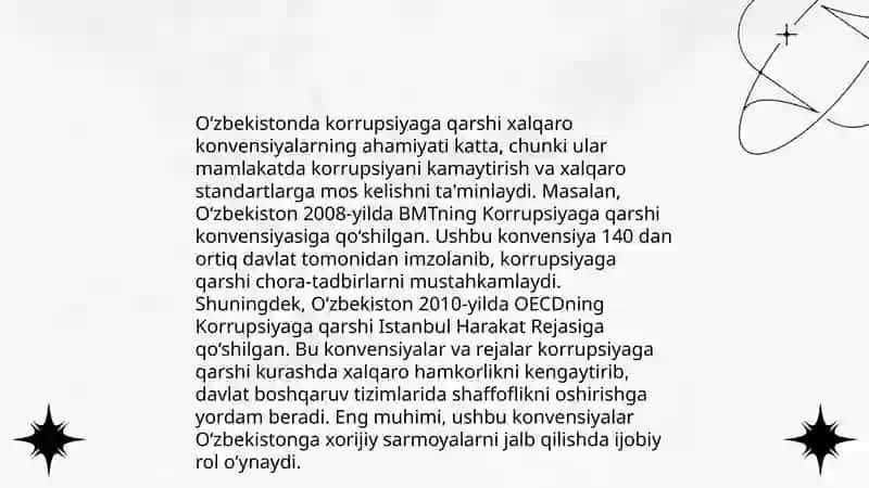 Korrupsiyaga qarshi kurash bo‘yicha xalqaro qonunlar va qarorlarning O‘zbekistonda ratifikatsiya qilishning ahamiyati 4