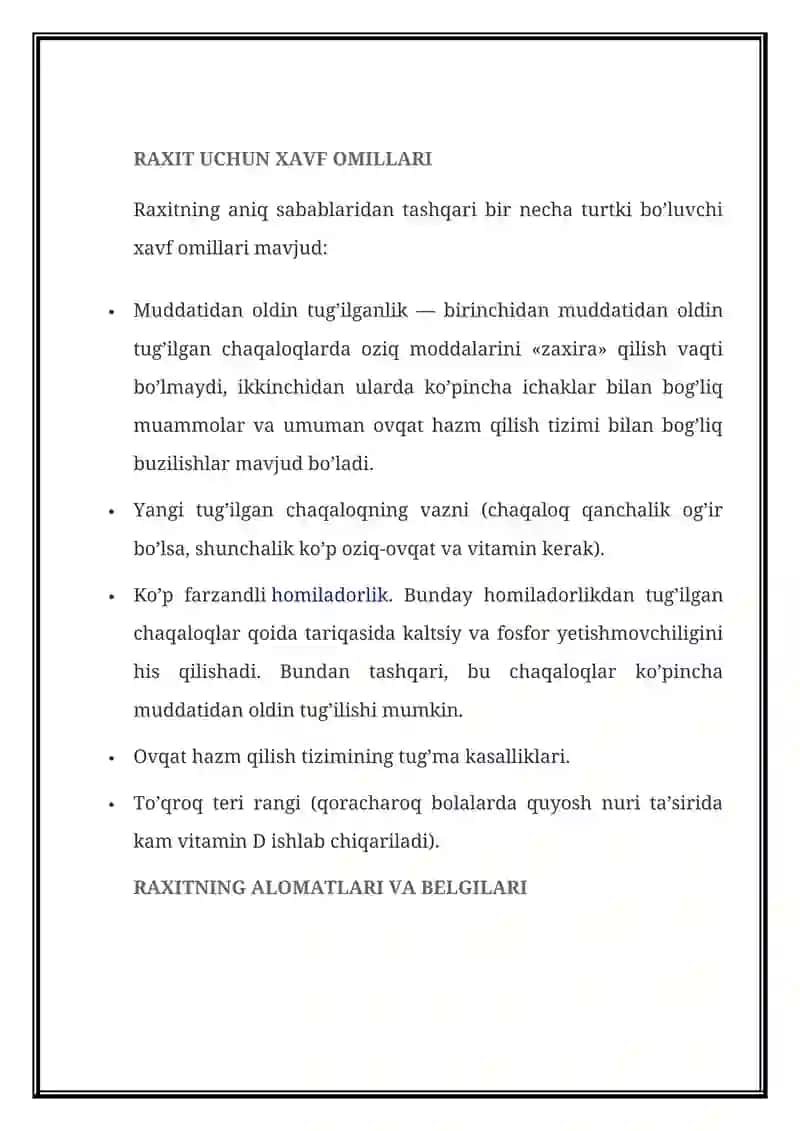 RAXIT — BELGILARI, XAVF OMILLARI, TASHXISLASH, DAVOLASH, OLDINI OLISH 4