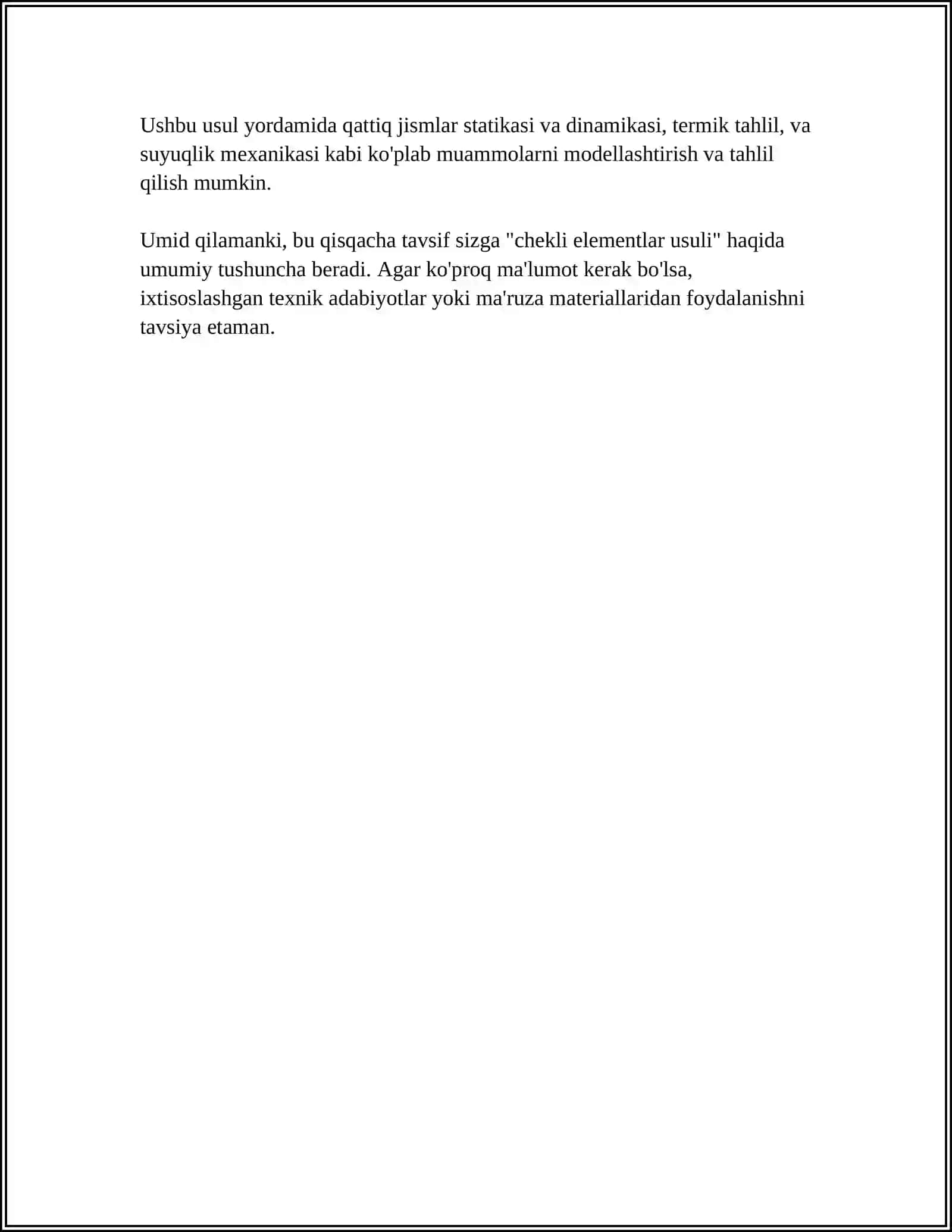 MUSTAQIL ISH Mavzu: CHEKLI ELEMENTLI USULLAR YORDAMIDA SONLI MODELLASHTIRISH 4