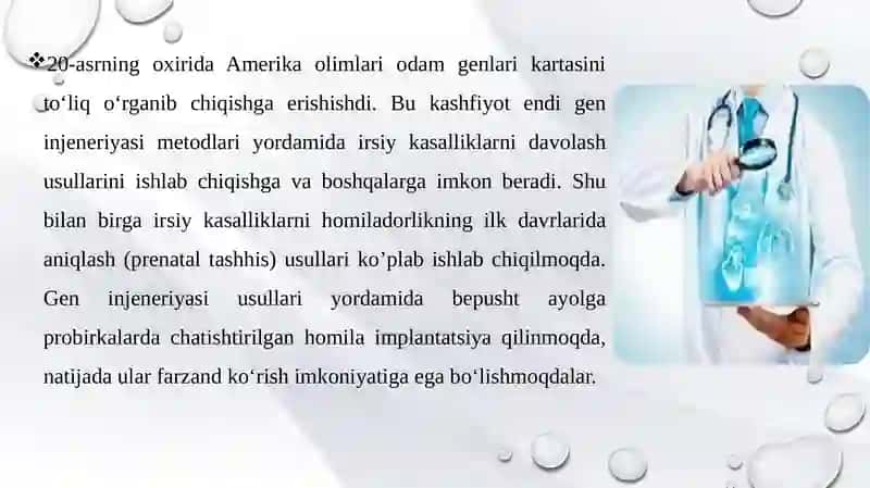 Tibbiyot genetikasi sohasidagi yutuqlar, muammolar va istiqbollar. 4
