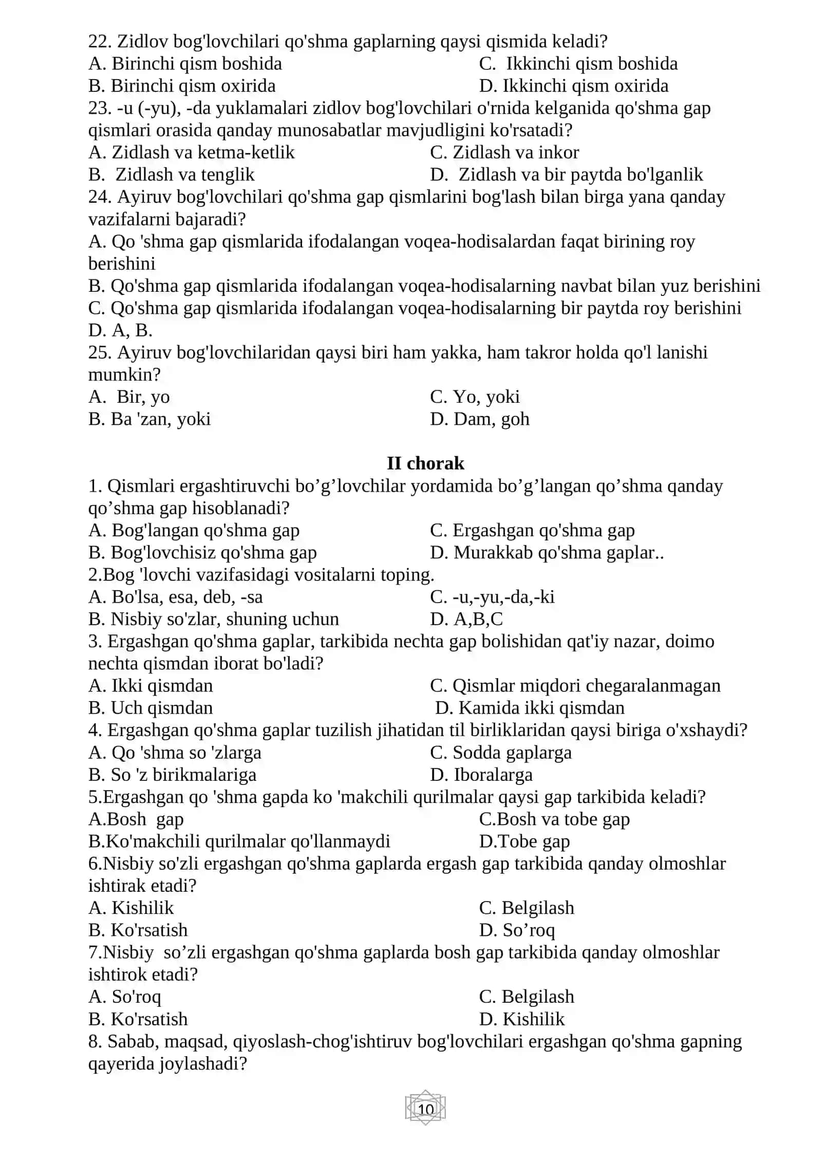 ONA TILIDAN ma’muriy test-sinov topshiriqlari 9-sinf uchun 4