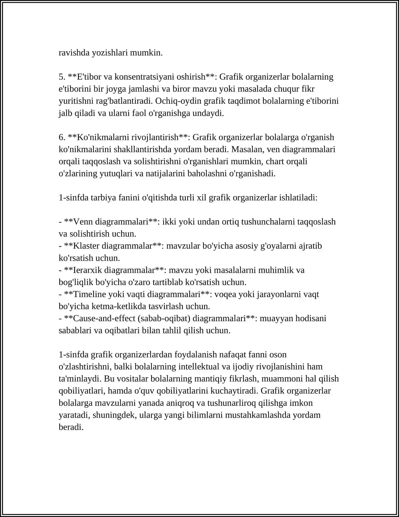 INNOVATSION O‘QITISHDA GRAFIK ORGANAYZERLARNI 1-SINF TARBIYA FANI MAVZUSIDA AKS ETTIRISH 4