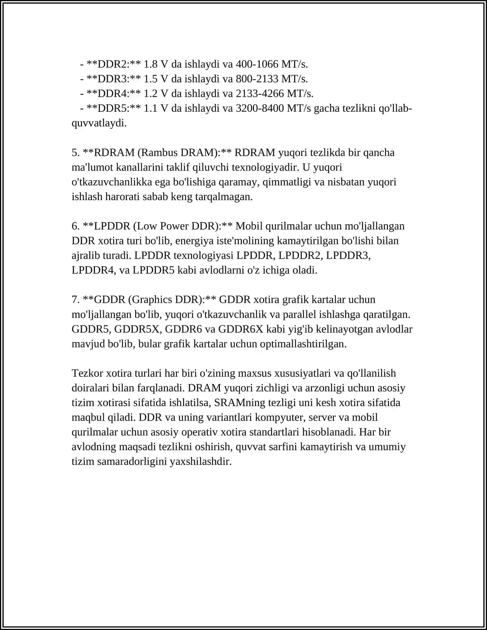 MUSTAQIL ISH Mavzu: XOTIRA TURLARI: TEZKOR XOTIRA (RAM) VA DOIMIY XOTIRA (ROM) 4