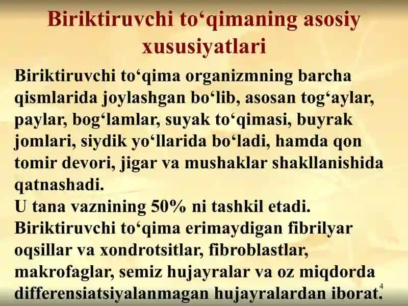 Biokimyo fanidan Biriktiruvchi toʻqima biokimyosi mavzusida prezentatsiya toʻliq 4