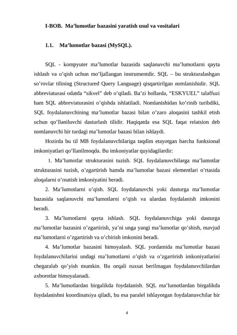 Restorandagi stol bron qilish tizimi uchun ma’lumotlar bazasini yaratish 4