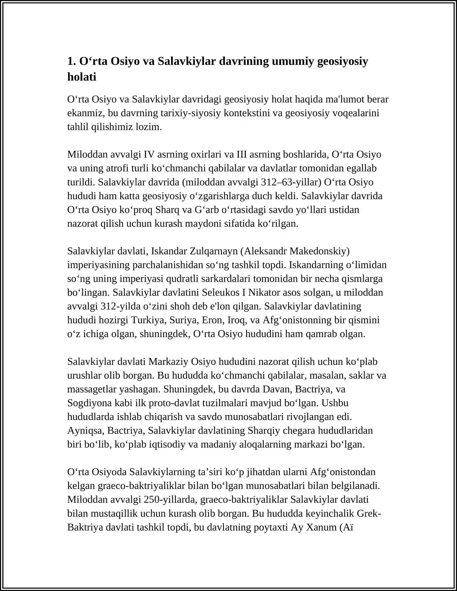 O‘RTA OSIYONING SALAVKIYLAR, YUNON-BAQTRIYA DAVLATLARI DAVRIDAGI TARIXIY GEOGRAFIYASI 4