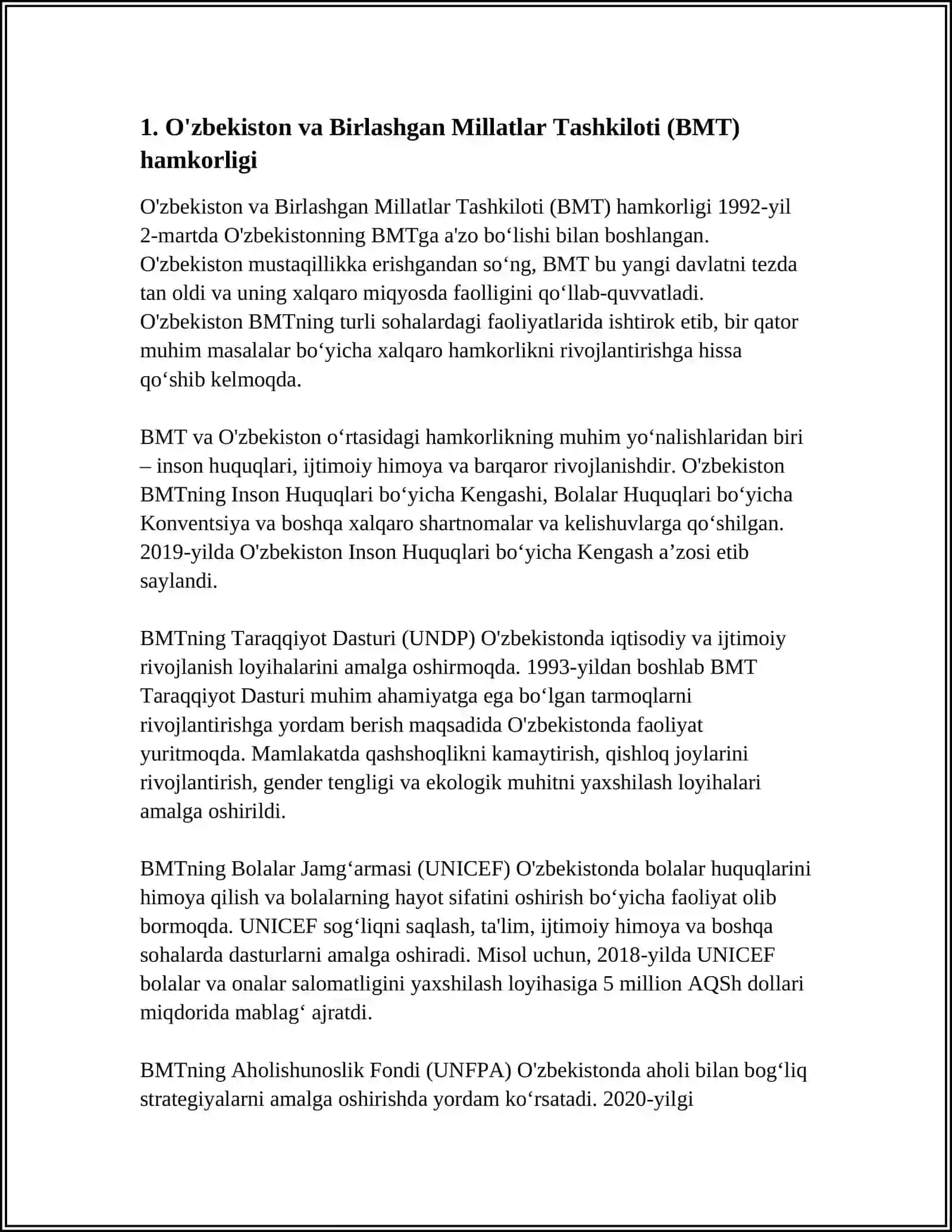 O'ZBEKISTONNING XALQORA TASHKILOTLAR BILAN HAMKORLIK ALOQALARI 4