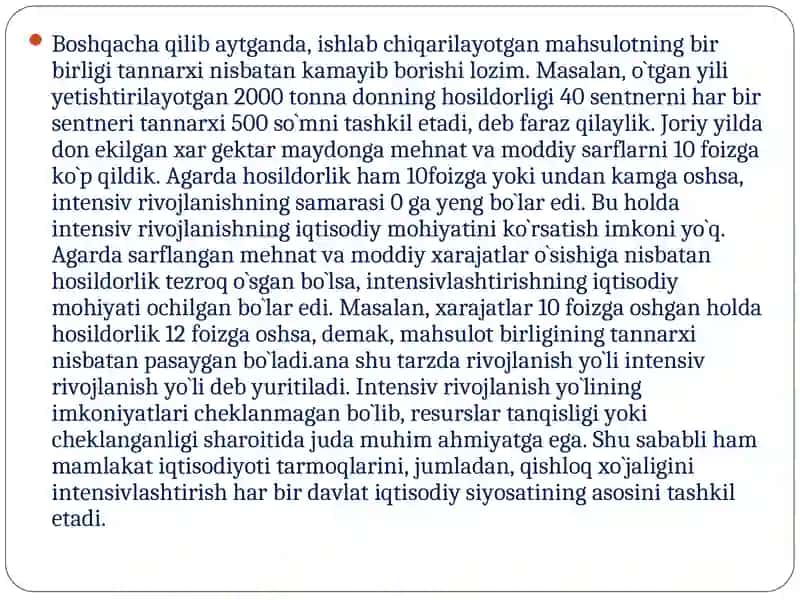 Qishloq xo`jaligining intensivlashtirish darajasi va iqtisodiy samaradorligini ifodalovchi ko`rsatkichlar 4