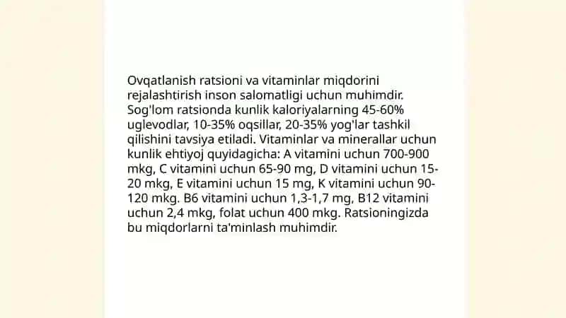 Vitaminlar, ovqatlanish ratsionini rejimi va tartibiga doir masala va mashqlar 4