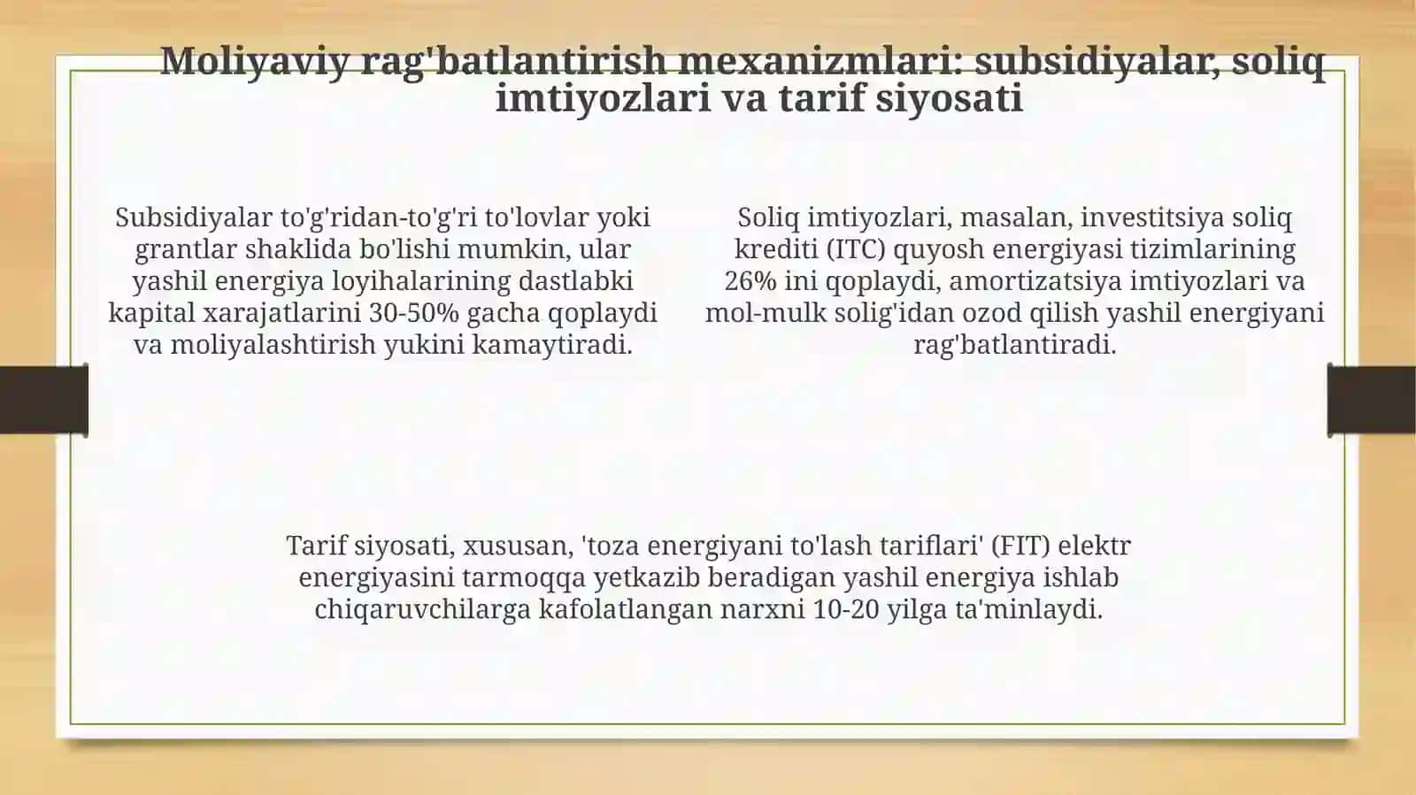 Yashil energiyani davlat tomonidan qo'llab-quvvatlashning xorijiy tajribasi: Asosiy mexanizmlar va yondashuvlar 4