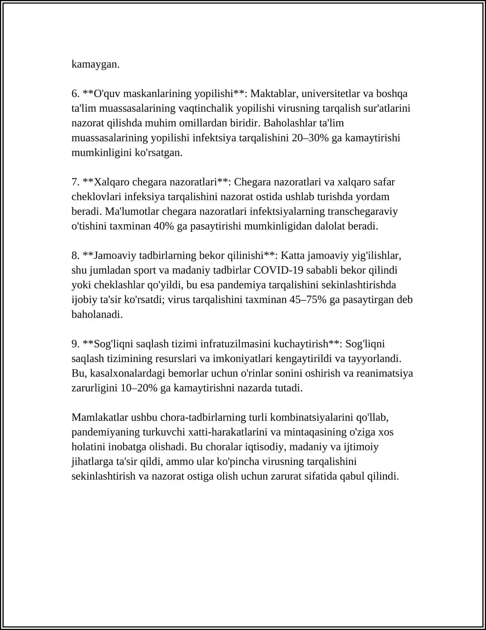 RESPUBLIKAMIZDA COVID-19 KORONAVIRUS INFEKTSIYASINING TARQALISHINI OLDINI OLISH BO'YICHA AHOLINI IJTIMOIY MUHOFAZA QILISH VA SOG'LIQNI SAQLASH TIZIMIDA OLIB BORILGAN KOMPLEKT CHORA TADBIRLAR 4