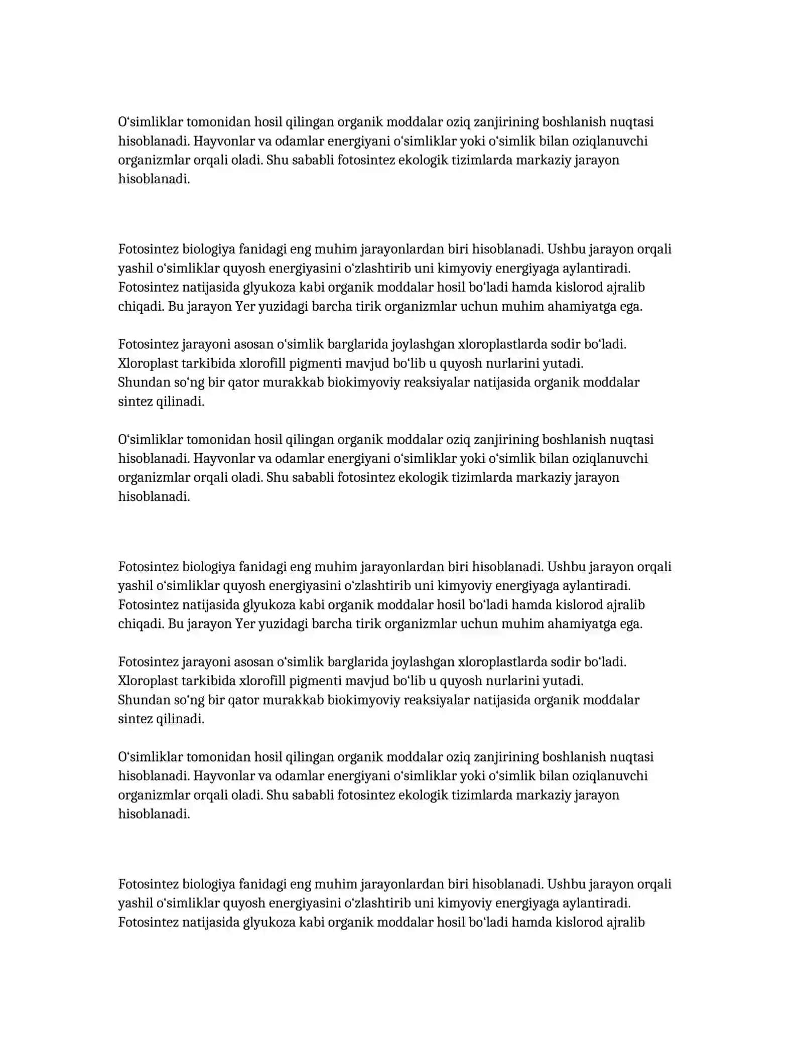 Premium Biologiya Ilmiy Ish: Fotosintez jarayoni va tirik organizmlarga ta’siri (30 bet)” 4