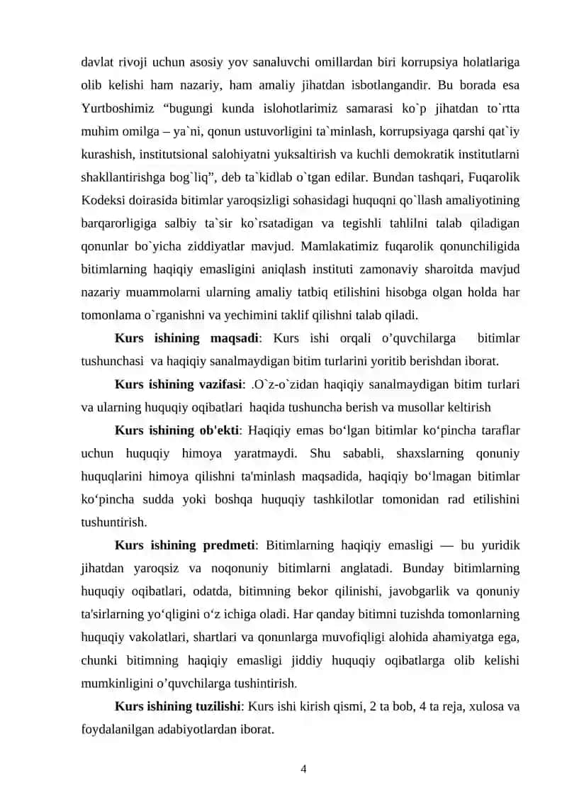 Bitimlarning haqiqiy emasligi tushunchasi turlari va uning huquqiy oqibatlari Kurs ishi 4