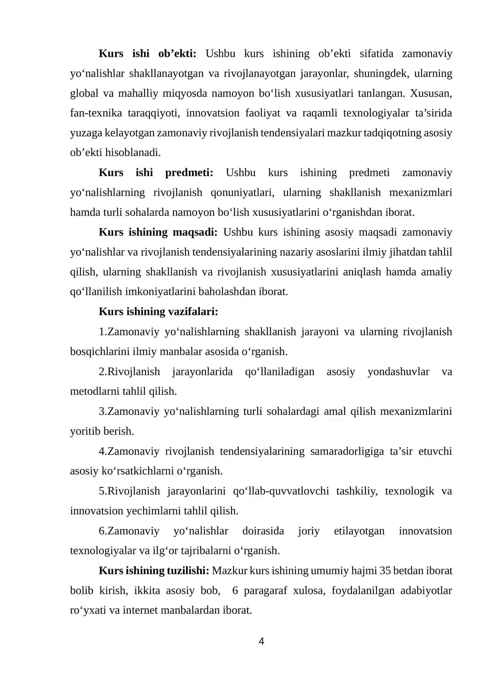 Zamonaviy yo’nalishlar va rivojlanish tendensiyalari KURS ISHI 4