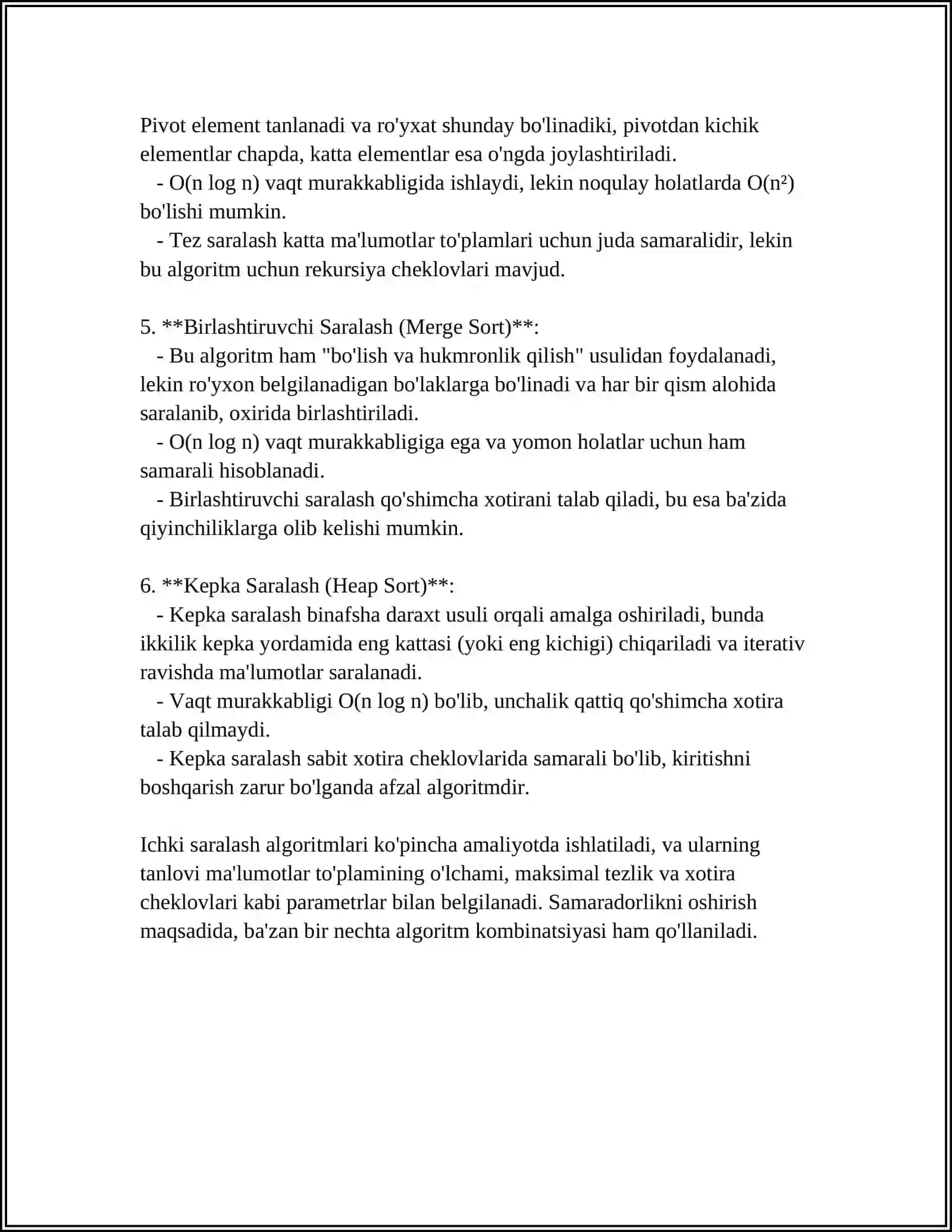 ICHKI VA TASHQI SARALASH (TARTIBLASH) ALGORITMLARI HAMDA ULARNING MURAKKABLIGI 4