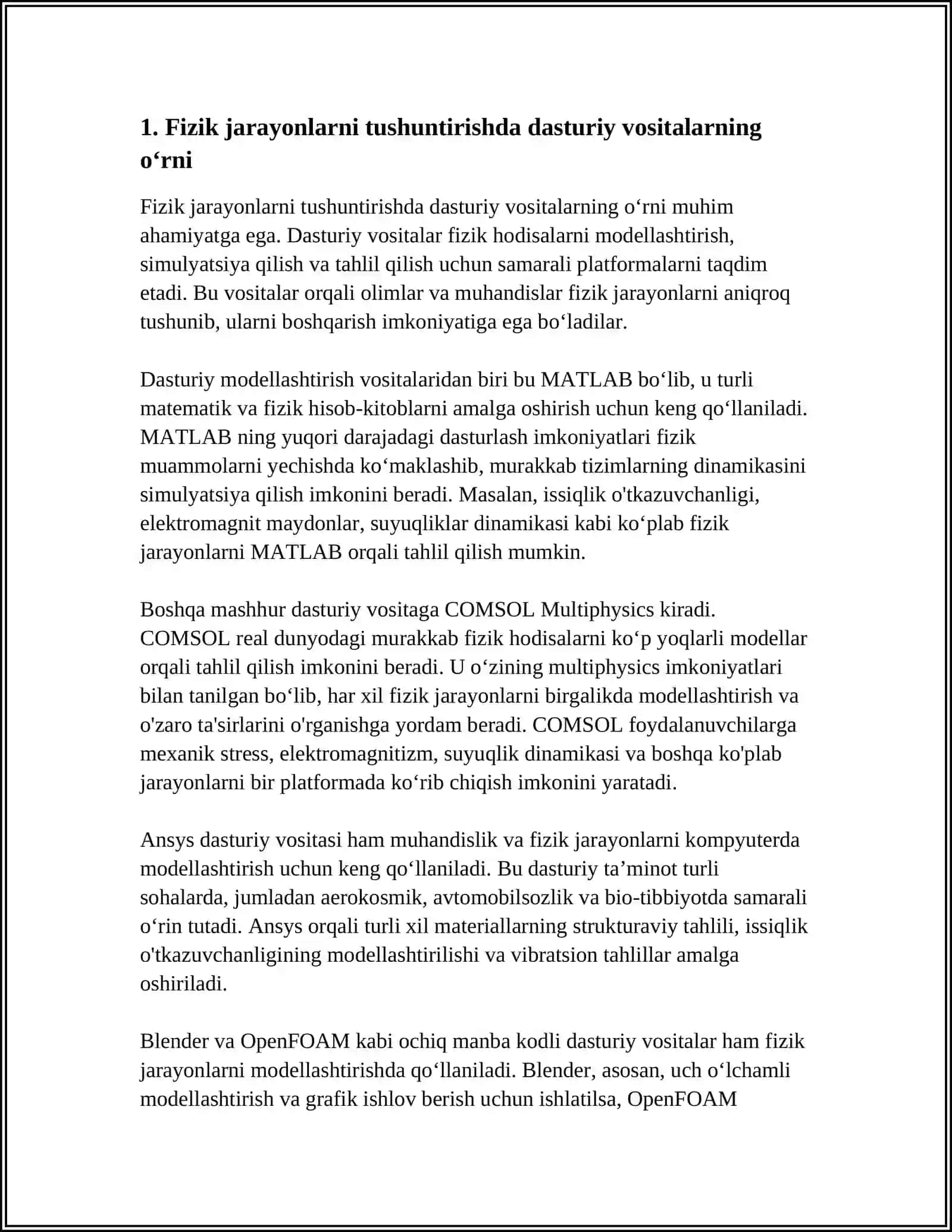 FIZIKADAN REFERAT TUZIB BER 10 LISTLI.FIZIKAVIY JARAYONLARNI MIDELLASHTIRISH IMKONIYATINI BERUVCHI DASTURIY VOSITALAR ORQALI FIZIKAVIY JARAYONLARNI MODELLASHTIRISH 4