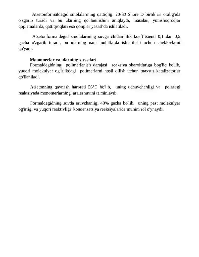 Atseton formaldegid smolalari olinishi texnologiyasi kimyoviy xossalari va ishlatilishi 4