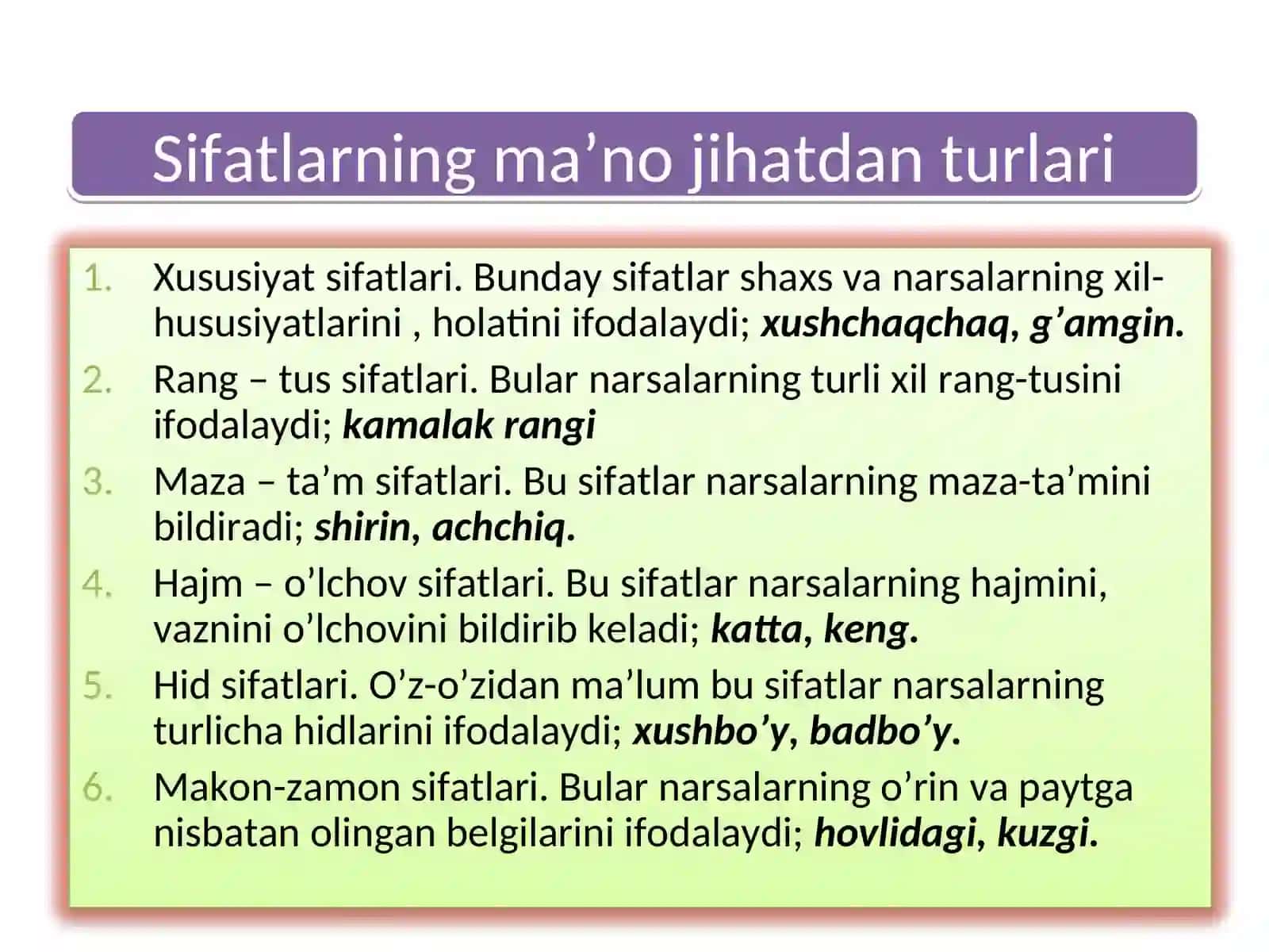 Sifat, uning leksik-grammatik xususiyatlari. Sifatlarda daraja. Sifatlarning otlashuvi.Sifatlarda modal shakl. Sifatlarning yasalishi va tuzilish jihatdan turlari 4