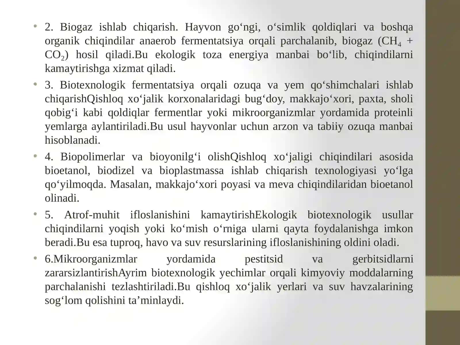 Qishloq xo‘jalik qoldiq mahsulotlari hamda oziq-ovqat korxonalari chiqindilari utilizatsiyasi va ulardan ikkilamchi xomashyolar olish bo‘yicha ekologik biotexnologiya imkoniyatlari 4