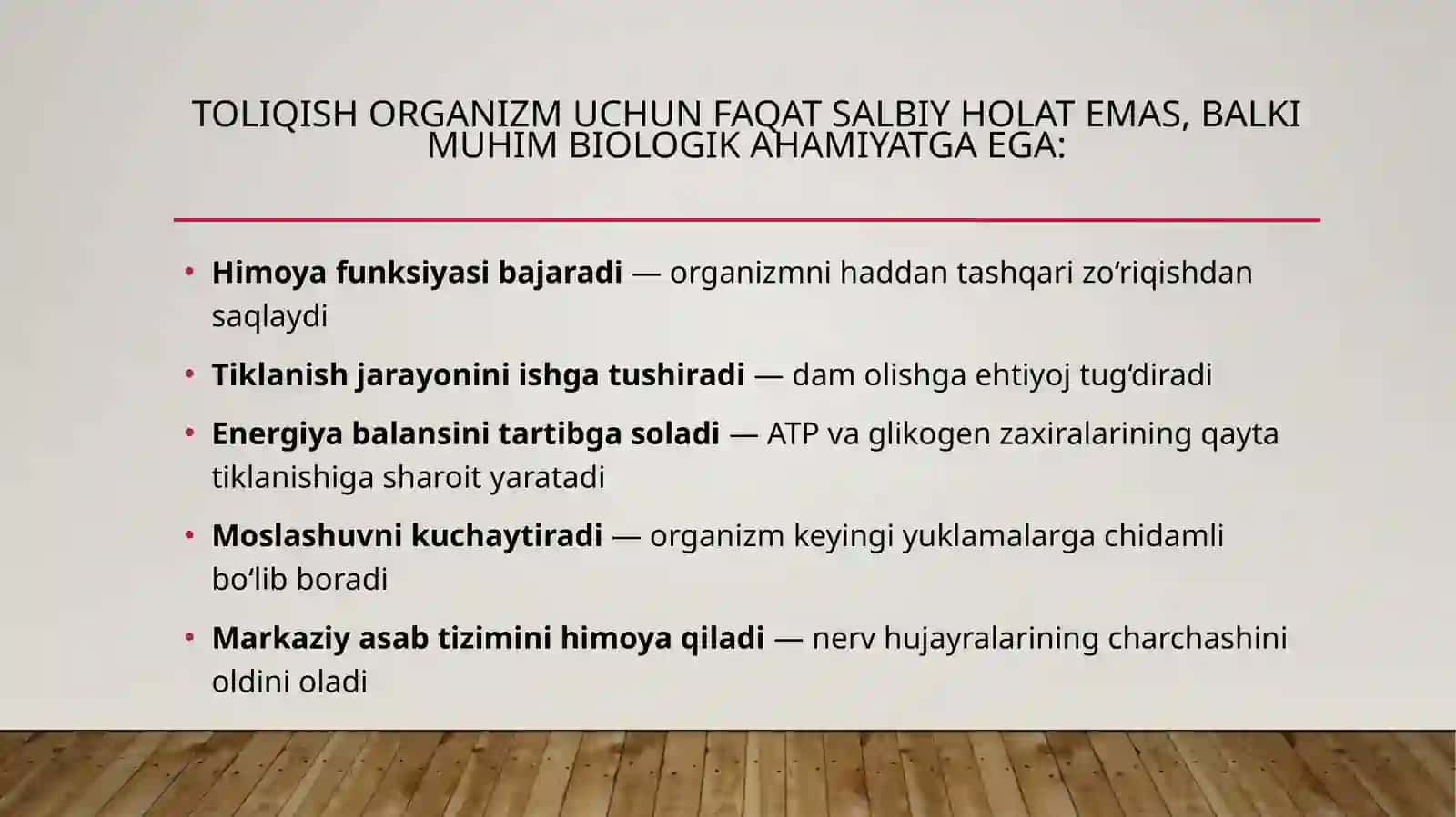 toliqish va ishdan so'ng dam olish davrida organizmda sodir bo'ladigan biokimyoviy o'zgarishlar 4
