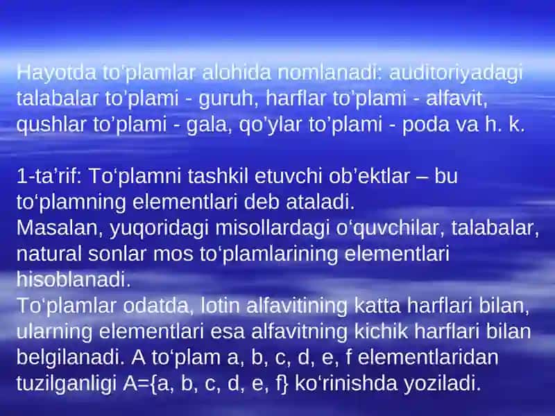 To’plamlar.  To’plamlar nazariyasiningi asosiy tushunchalari. To’plamlar ustida amallar. Asosiy ayniyatlar 4
