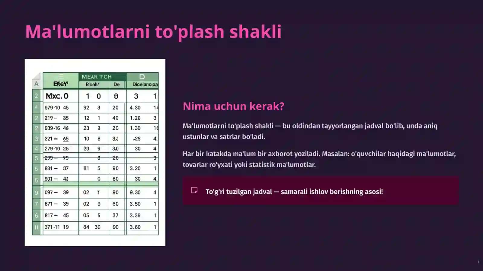 Excel'da ma'lumotlarni to'plash shaklini tuzish 4