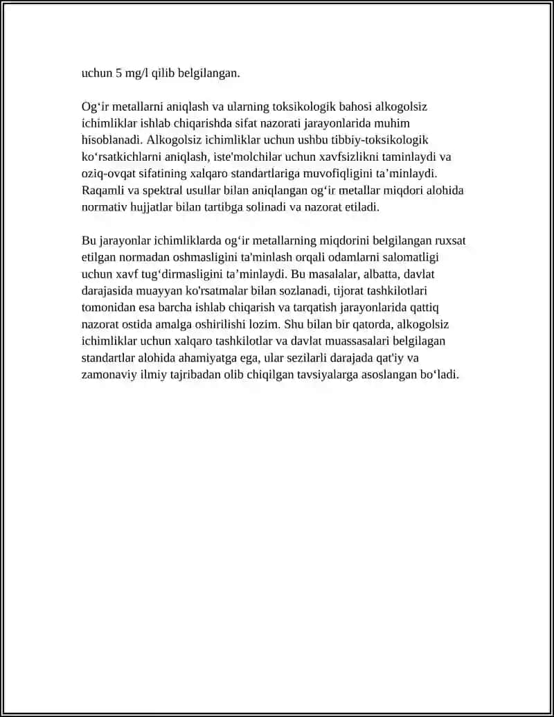 ALKOGOLSIZ ICHIMLIKLARGA TEGISHLI TIBBIY-TOKSIKOLOGIK KO'RSATKICHLARNI ANIQLASH 4
