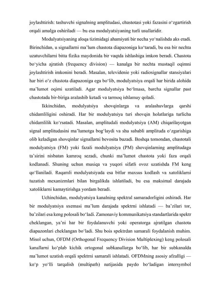 Analog modulyatsiyalash turlari, ulaming o‘zga xos xususiyatlari. Raqamli modulyatsiyalash turlari, ulaming o‘zga xos xususiyatlari. Simsiz aloqa tizimlarida ishlatiladigan raqamli modulyatsiyalash turlari. 4