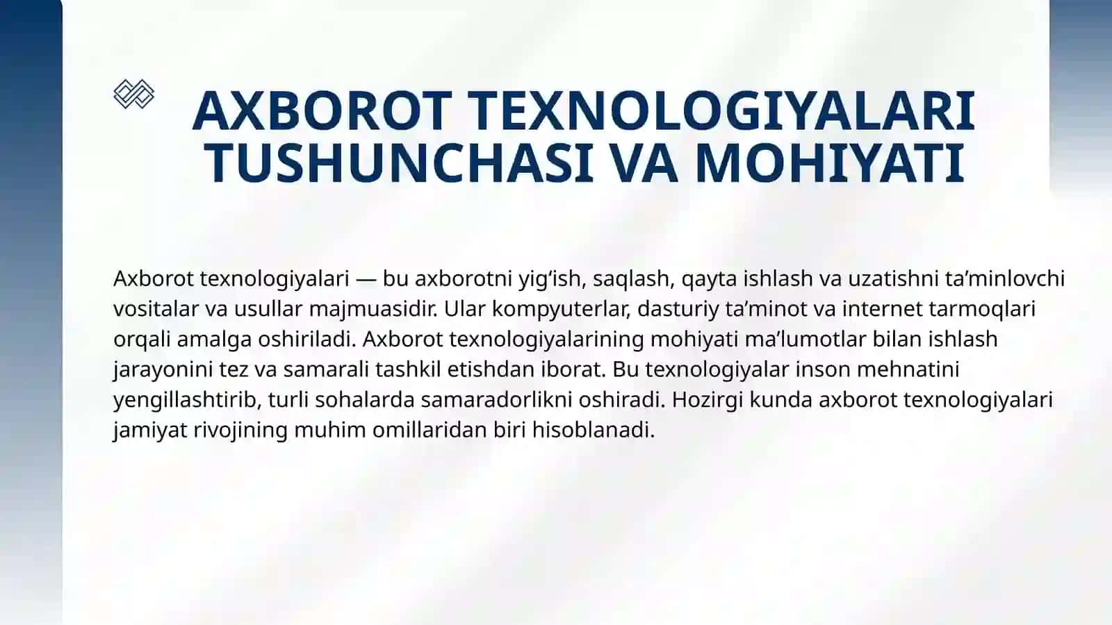 Axborot texnologiyalari - umum madaniy dunyo ko'z qarashining shakllantirishning samarali vositasi sifatida. Talimda axborot kommunikatsiya texnologiyalardan foydalanish 4