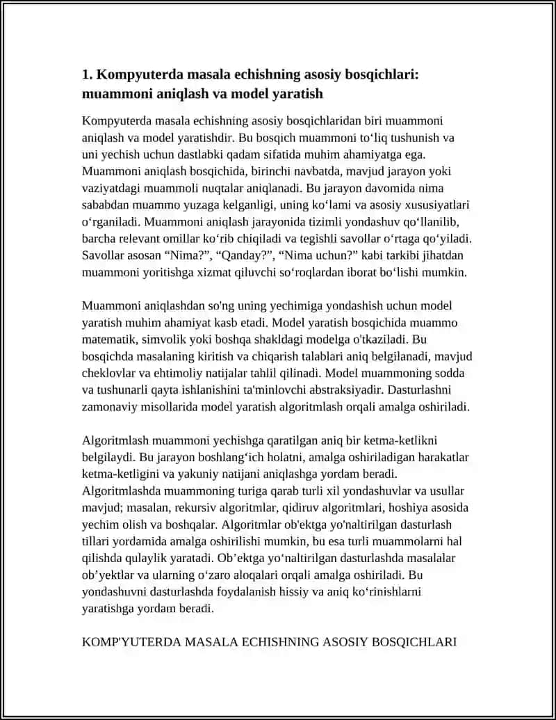 KOMPYUTERDA MASALA ECHISHNING ASOSIY BOSQICHLARI. ALGORITMLASH VA TIBBIYOTDA MASALALARNI ECHISHDA OB'EKTGA GARATILGAN DASTURLASH TILLARI 4