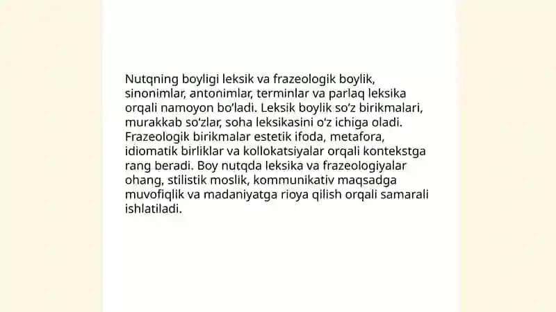 Oğzaki madaniy nutqning asosiy kommunikativ sifatlari:nutqning sofligi,boyligi,ifodaliligi voqealanishi tahlili - Xolbozorova Sarvinoz 4