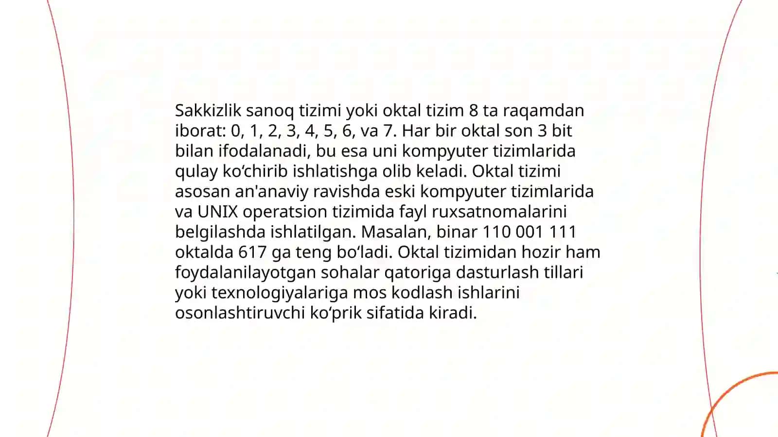 Ikkilik va sakkizlik sanoq sistemalarini zamonaviy kompyuterlarda ishlatilishi 4