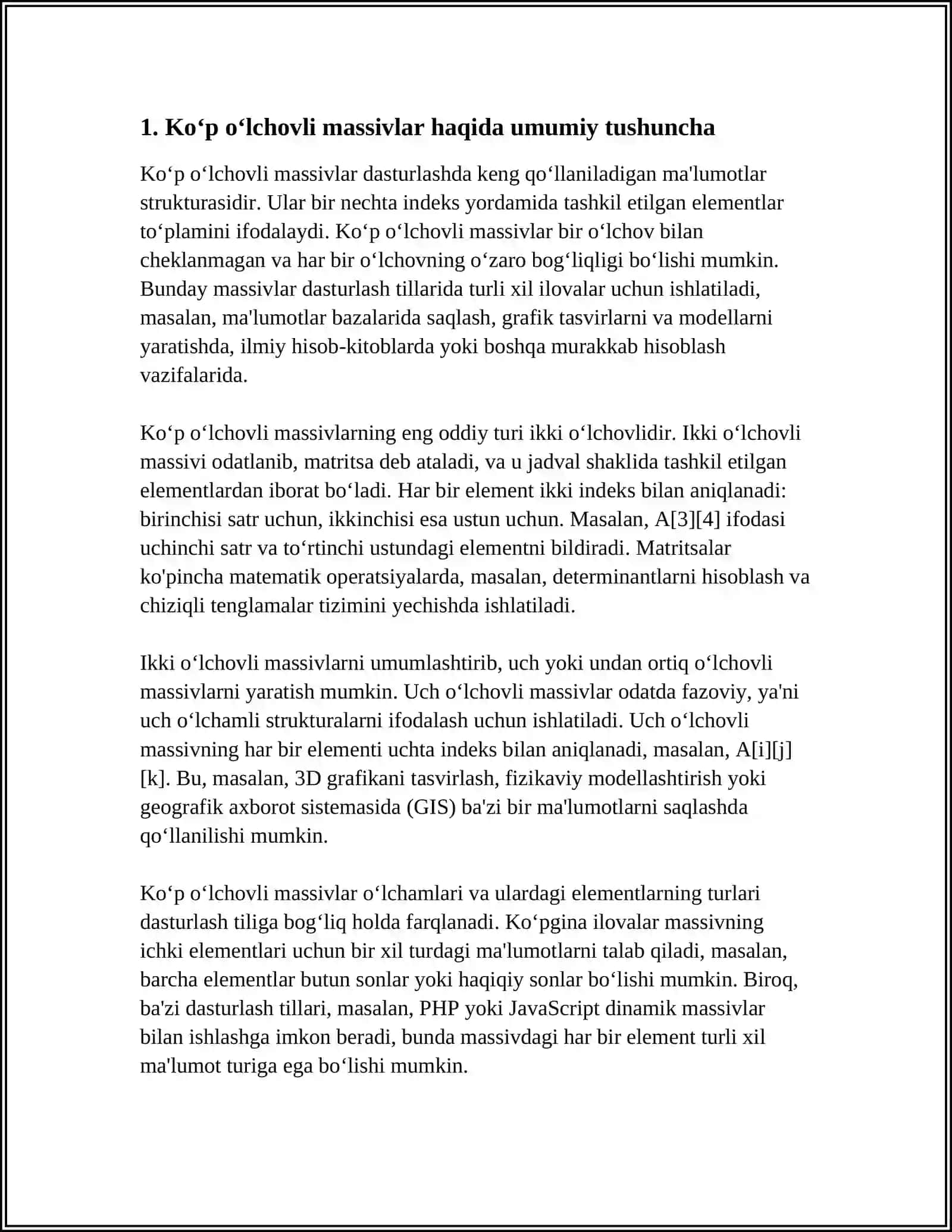 KO‘P O‘LCHOVLI MASSIVLARNI MA’LUM SHARTLAR ASOSIDA SARALASH 4