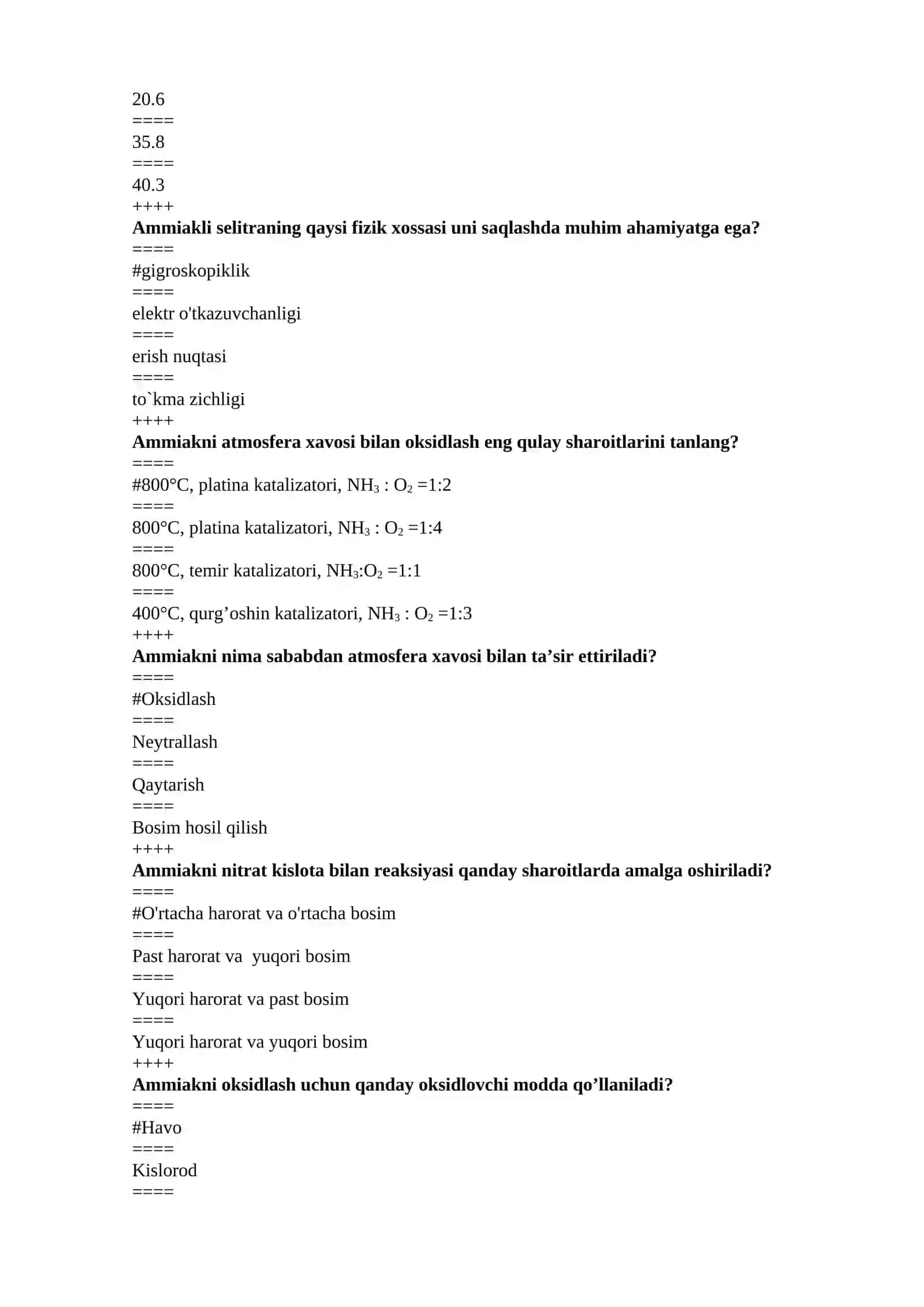 Ammiakli selitra ishlab chiqarish  texnologiyasi fanidan test yakuniy 4